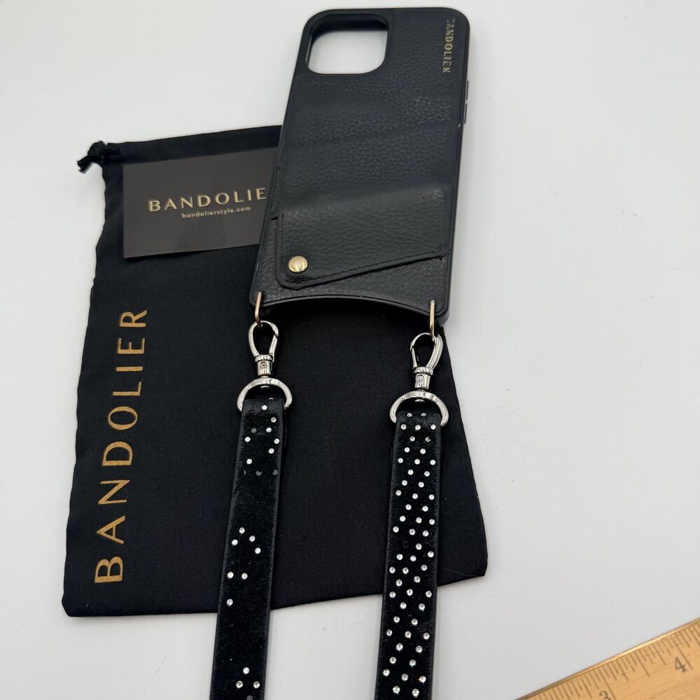 BANDOLIER Black Leather Crossbody iPhone 13/14 Pro Max Case; Rhinestone Strap - Picture 8 of 13